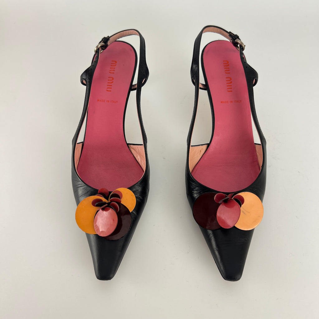 Miu Miu | Vintage Black Leather Red Orange Disc Pointed Toe Slingback Heels (36.5)