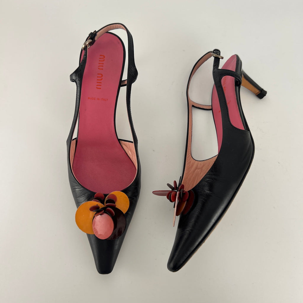 Miu Miu | Vintage Black Leather Red Orange Disc Pointed Toe Slingback Heels (36.5)
