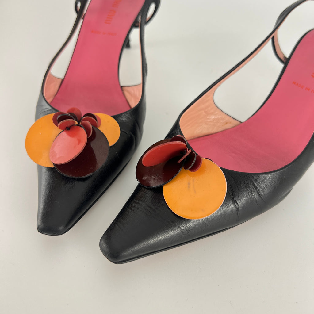 Miu Miu | Vintage Black Leather Red Orange Disc Pointed Toe Slingback Heels (36.5)