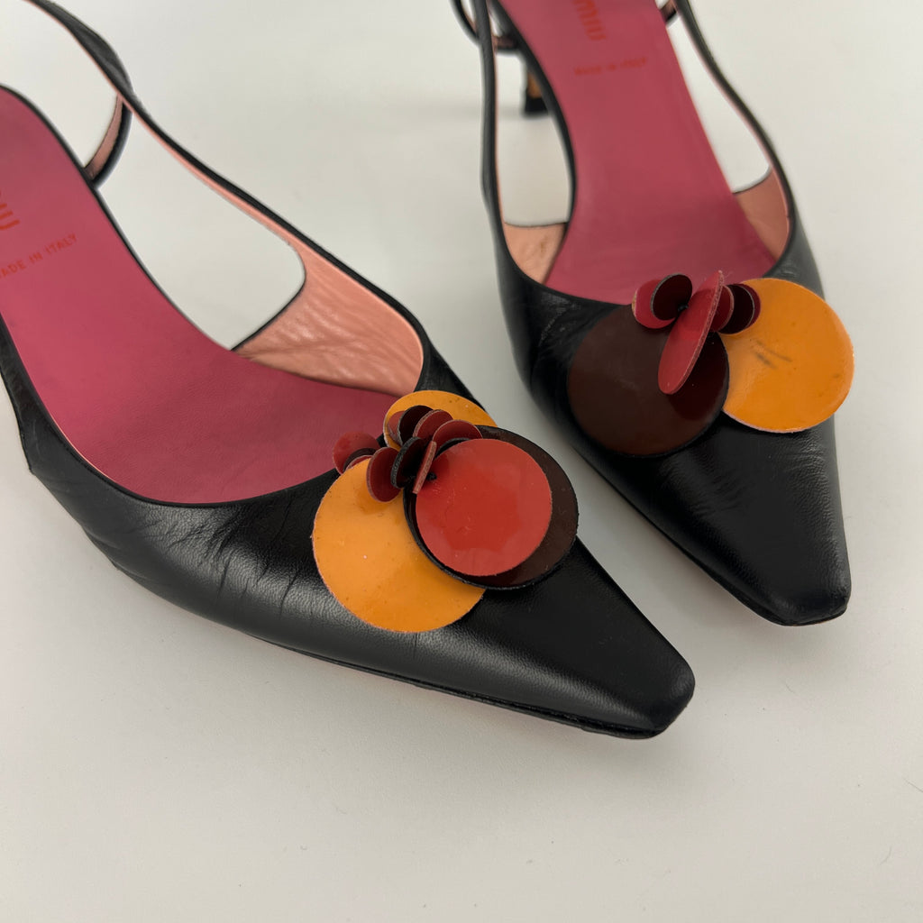 Miu Miu | Vintage Black Leather Red Orange Disc Pointed Toe Slingback Heels (36.5)