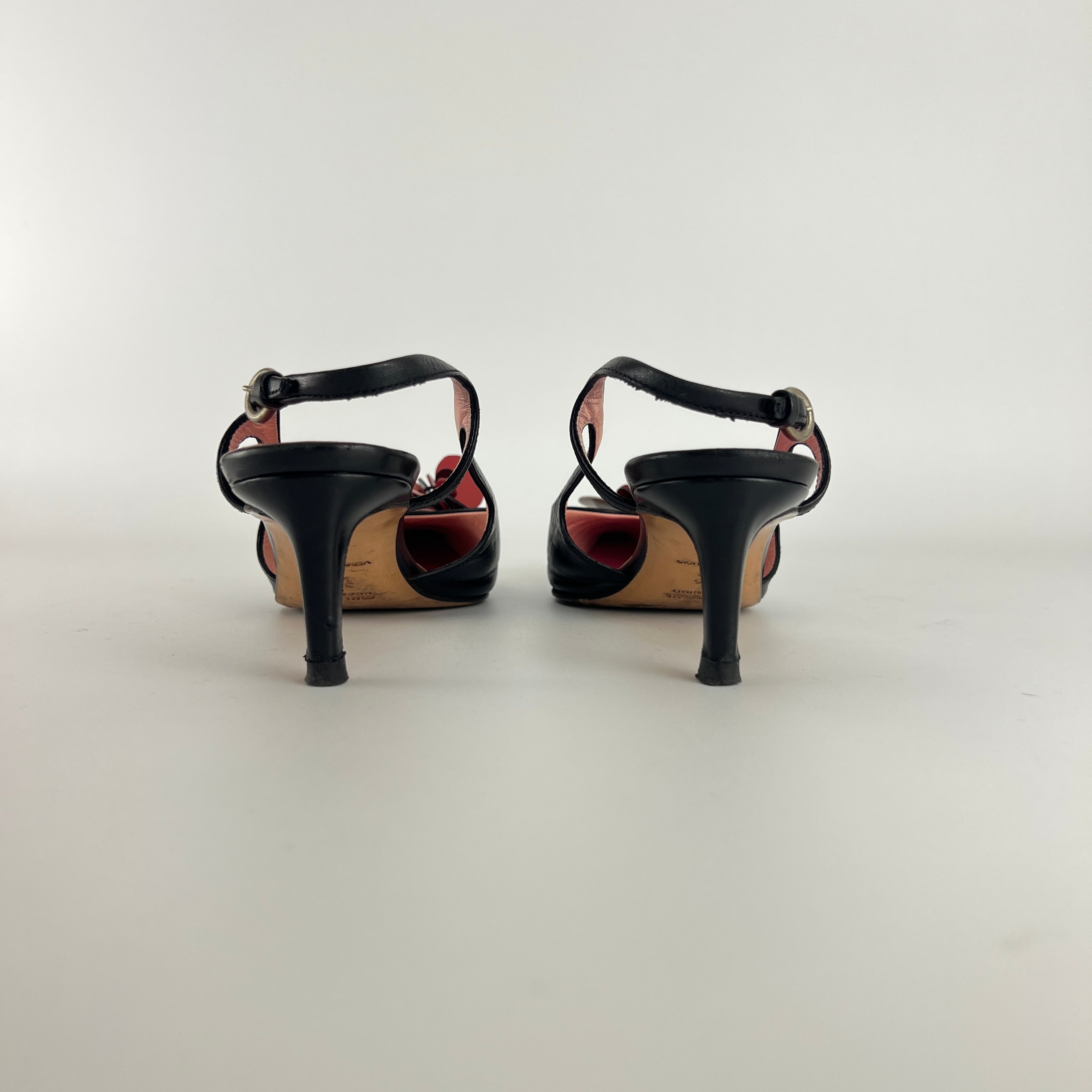 Miu Miu | Vintage Black Leather Red Orange Disc Pointed Toe Slingback Heels (36.5)