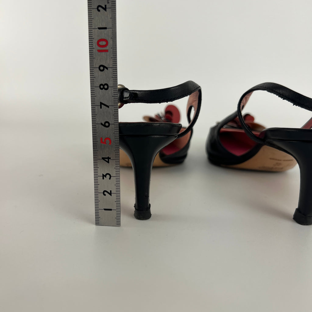 Miu Miu | Vintage Black Leather Red Orange Disc Pointed Toe Slingback Heels (36.5)