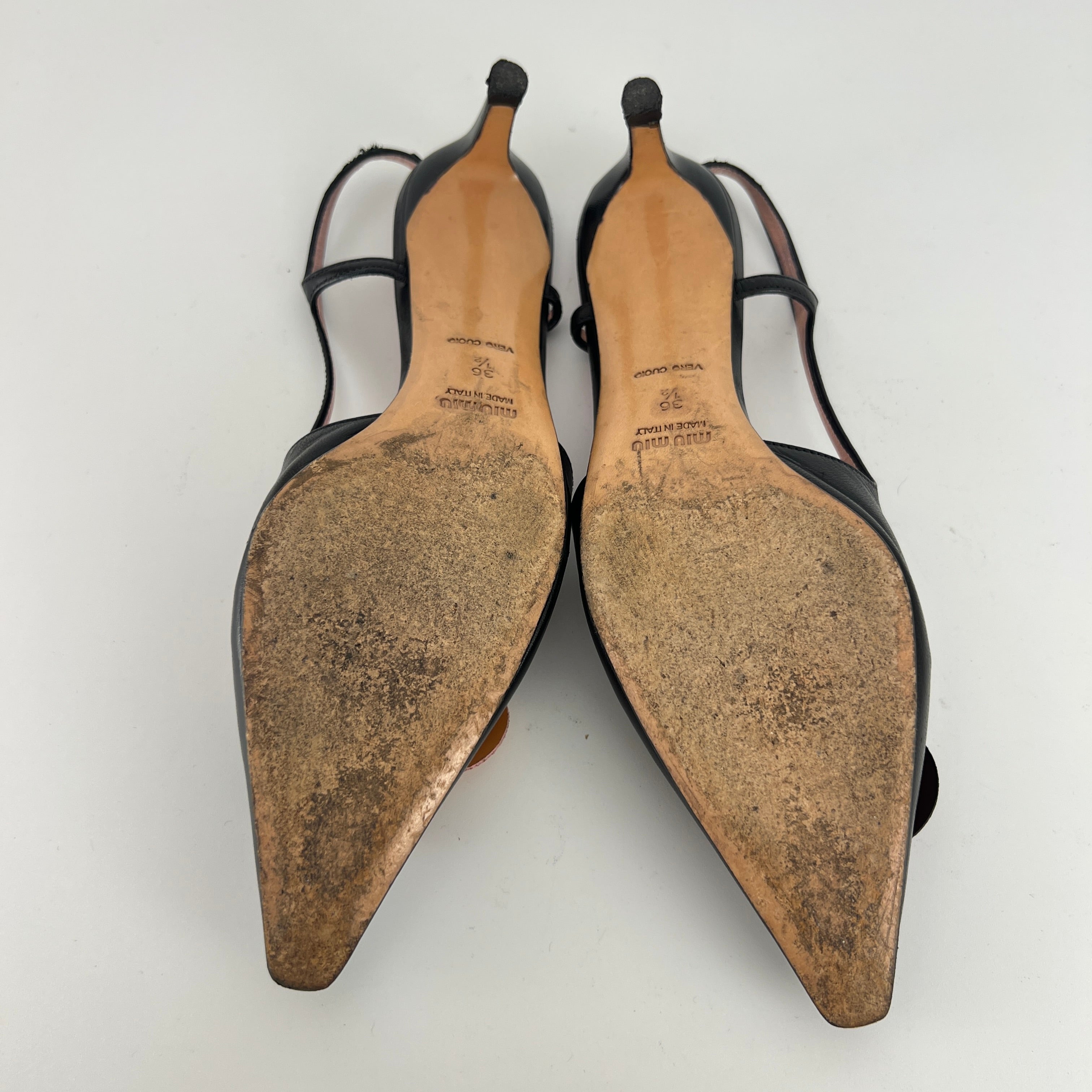 Miu Miu | Vintage Black Leather Red Orange Disc Pointed Toe Slingback Heels (36.5)