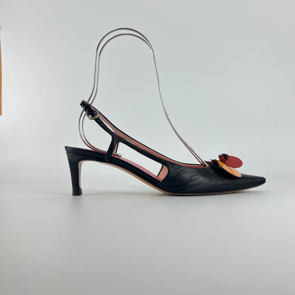 Miu Miu | Vintage Black Leather Red Orange Disc Pointed Toe Slingback Heels (36.5)
