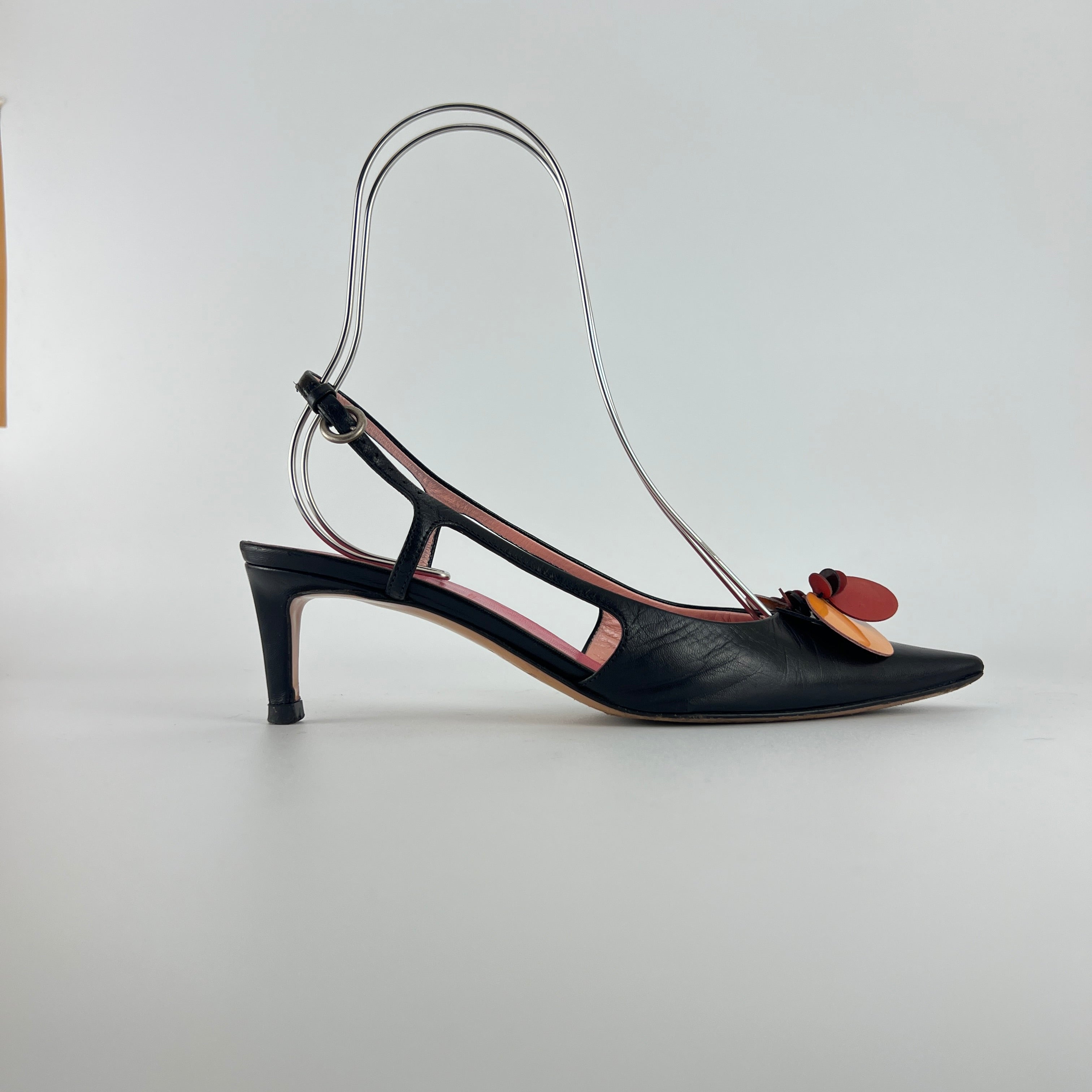 Miu Miu | Vintage Black Leather Red Orange Disc Pointed Toe Slingback Heels (36.5)