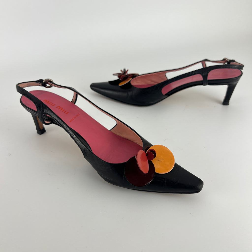 Miu Miu | Vintage Black Leather Red Orange Disc Pointed Toe Slingback Heels (36.5)