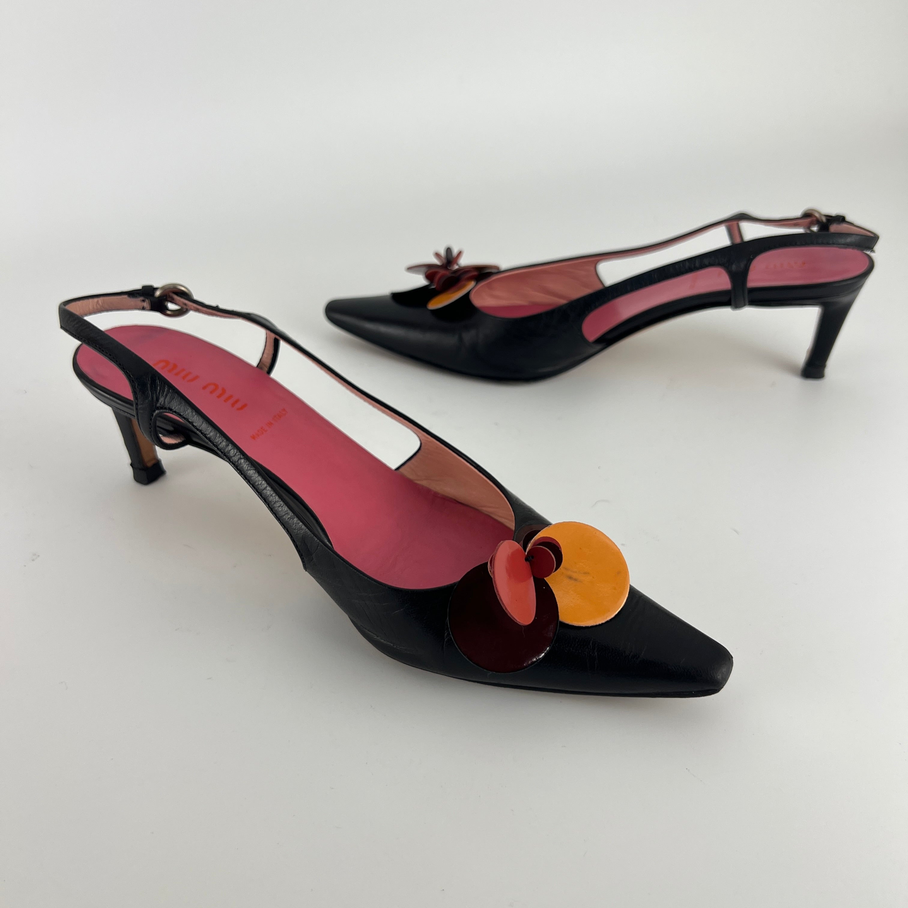 Miu Miu | Vintage Black Leather Red Orange Disc Pointed Toe Slingback Heels (36.5)