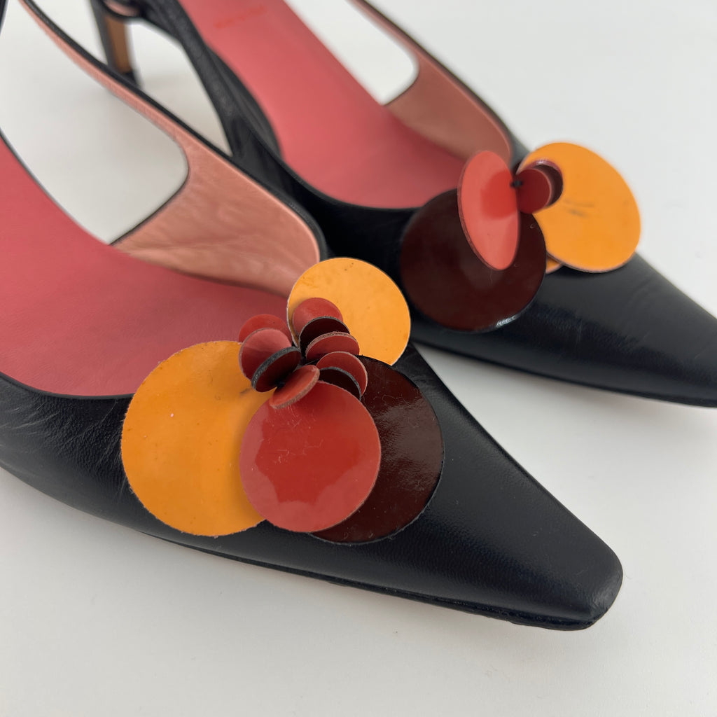 Miu Miu | Vintage Black Leather Red Orange Disc Pointed Toe Slingback Heels (36.5)