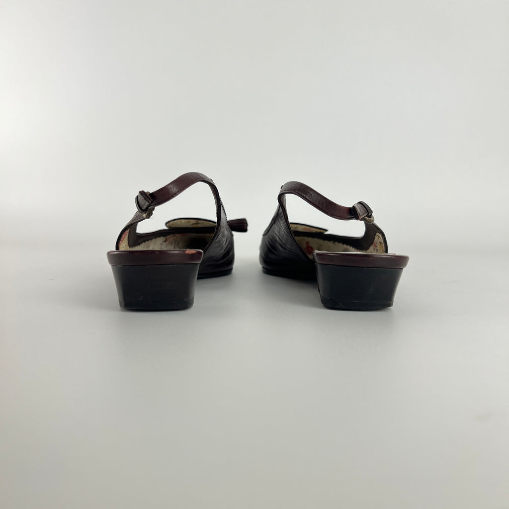 Miu Miu | Vintage Brown Leather Floral Insole Bow Kitten Heel Pointed Slingback (35)