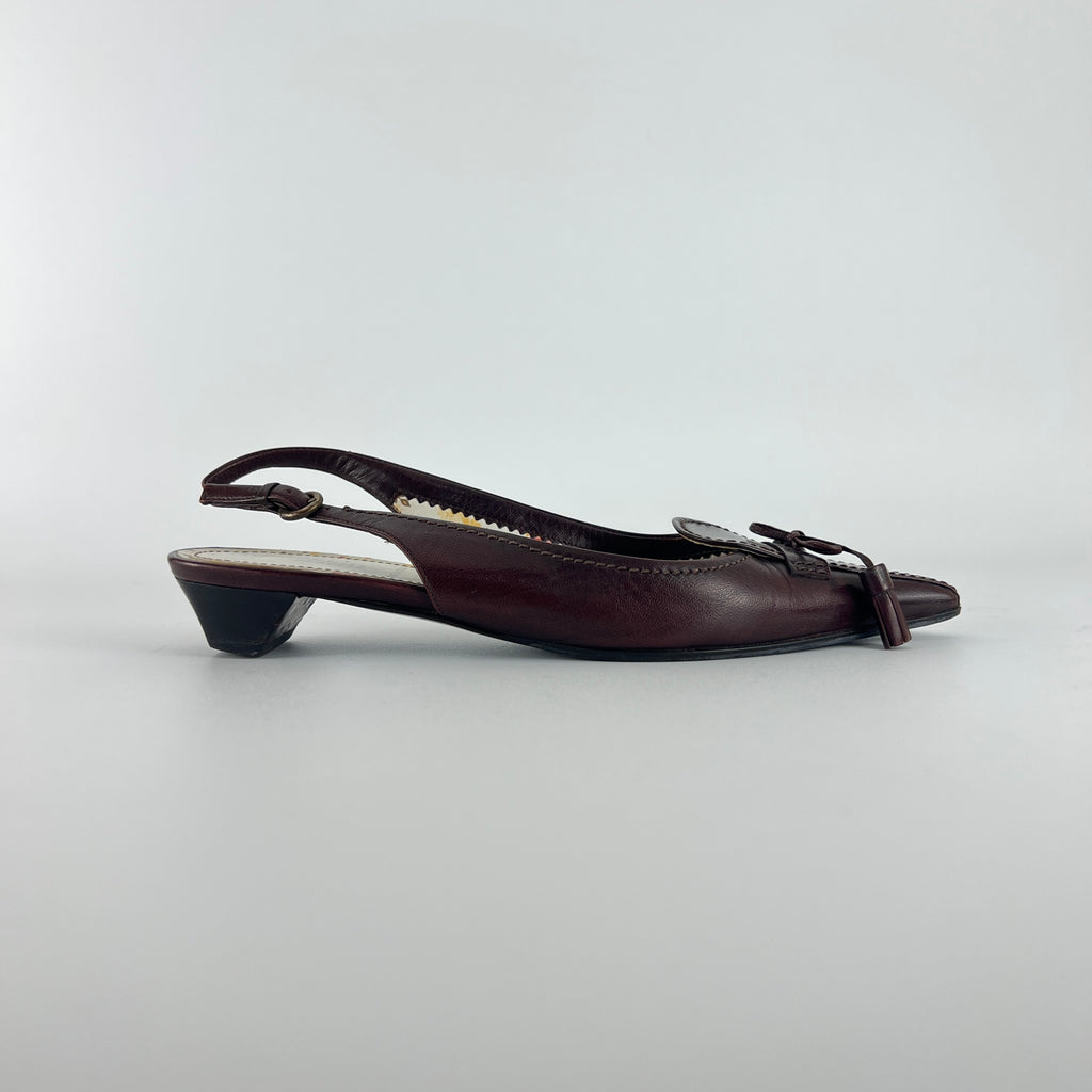 Miu Miu | Vintage Brown Leather Floral Insole Bow Kitten Heel Pointed Slingback (35)