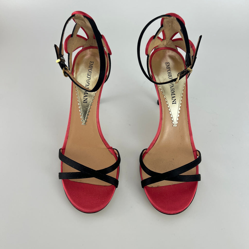 Armani | Black Pink Satin Flower Detail Strappy Sandal Heels (35)