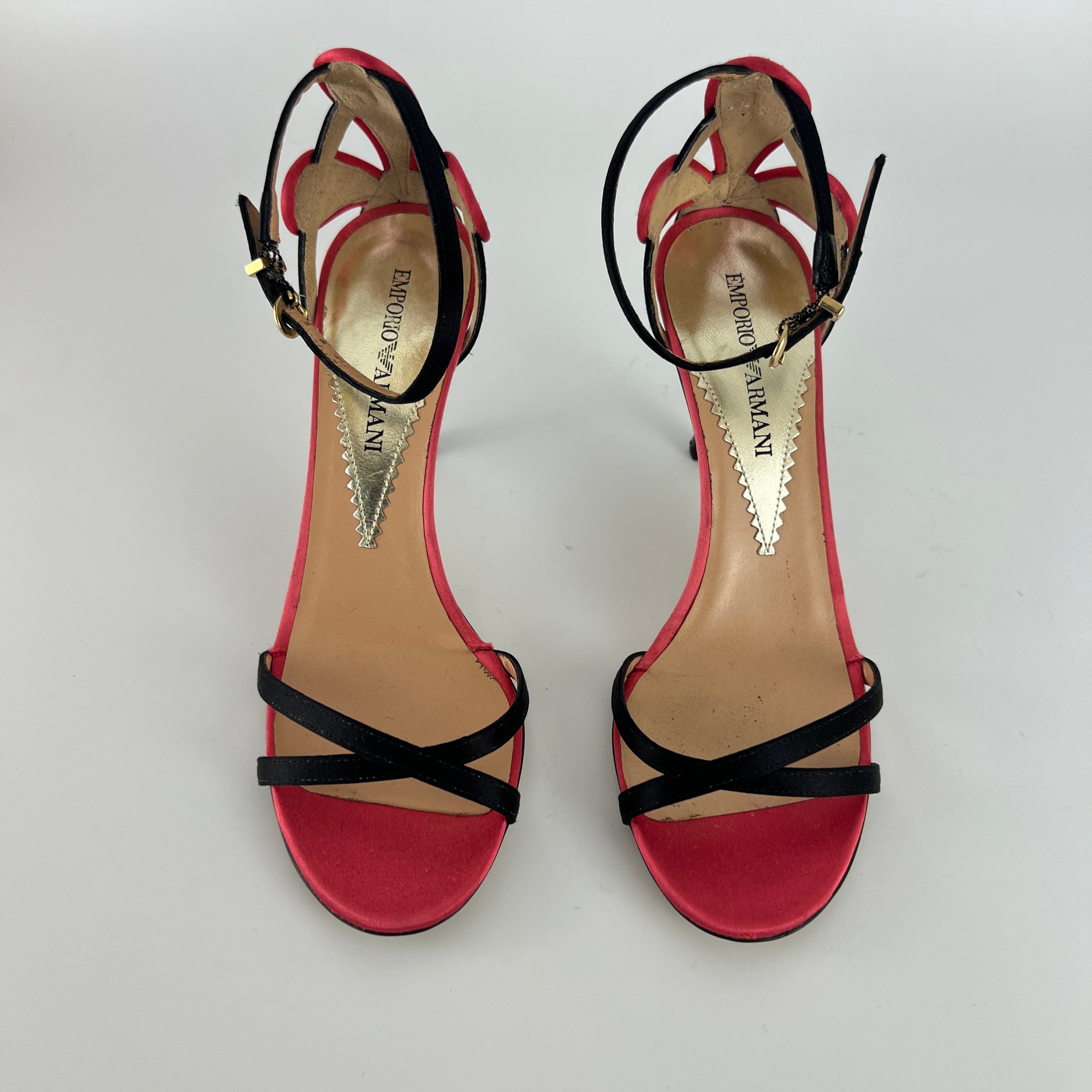 Armani | Black Pink Satin Flower Detail Strappy Sandal Heels (35)