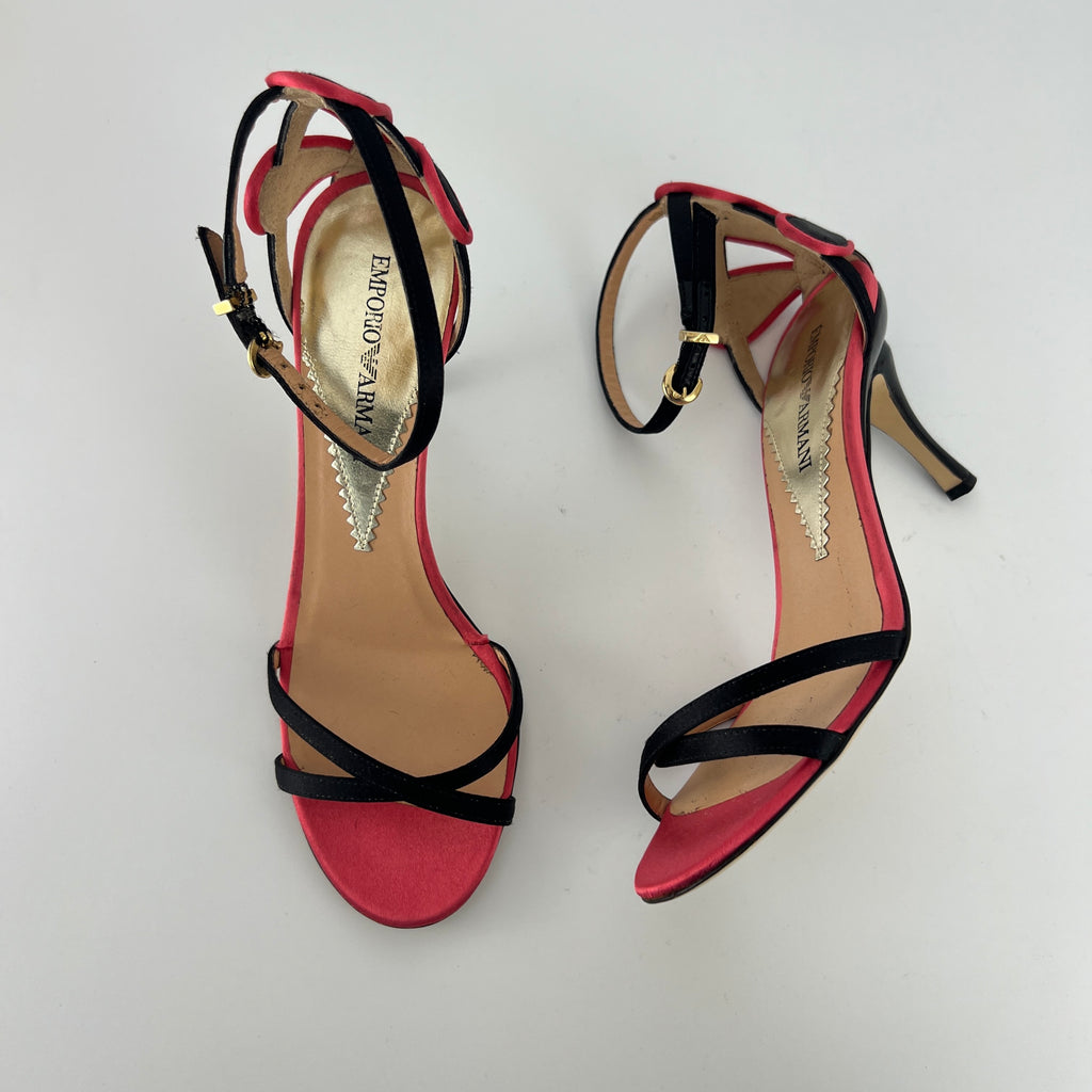 Armani | Black Pink Satin Flower Detail Strappy Sandal Heels (35)