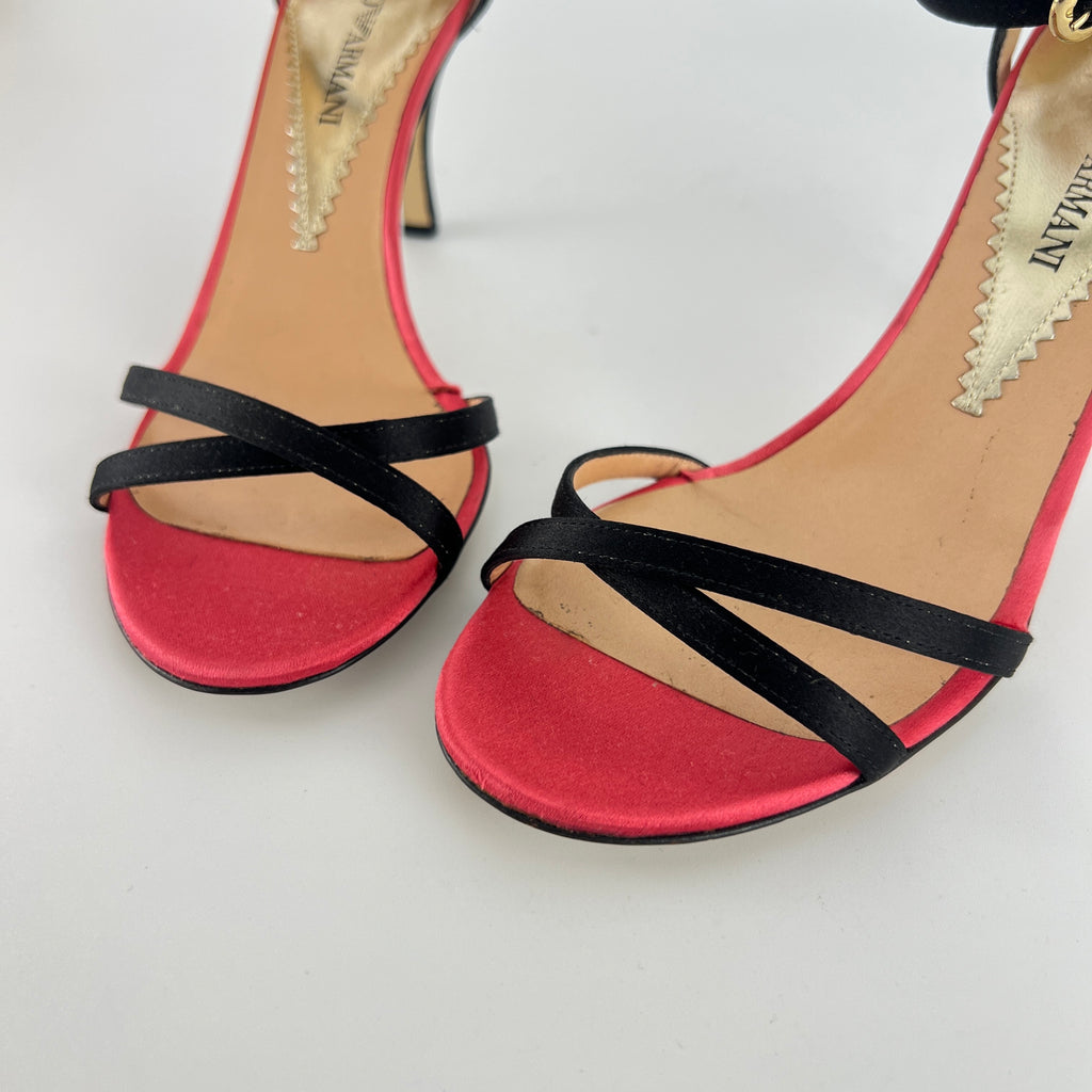 Armani | Black Pink Satin Flower Detail Strappy Sandal Heels (35)