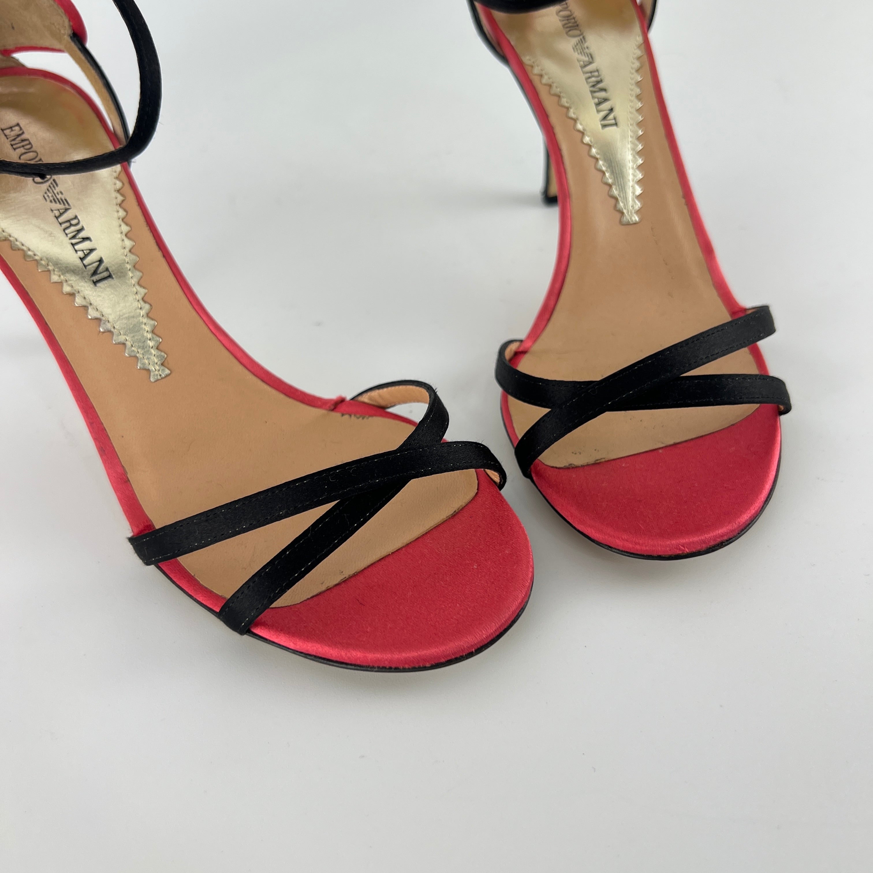 Armani | Black Pink Satin Flower Detail Strappy Sandal Heels (35)