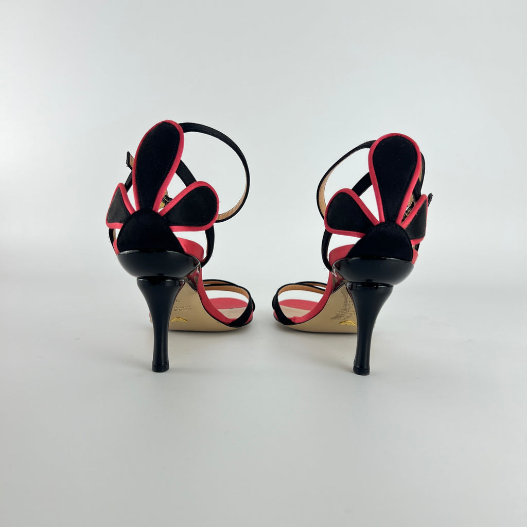 Armani | Black Pink Satin Flower Detail Strappy Sandal Heels (35)