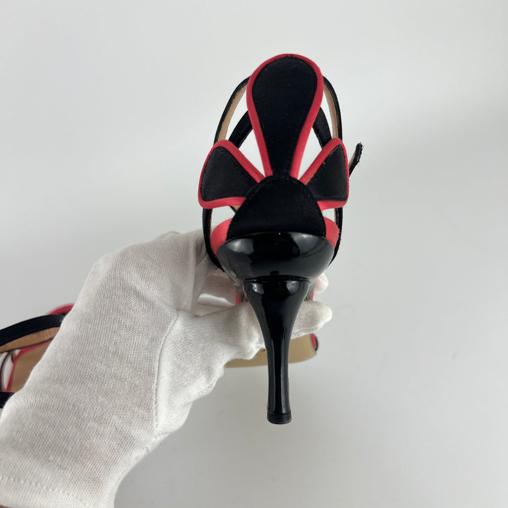 Armani | Black Pink Satin Flower Detail Strappy Sandal Heels (35)