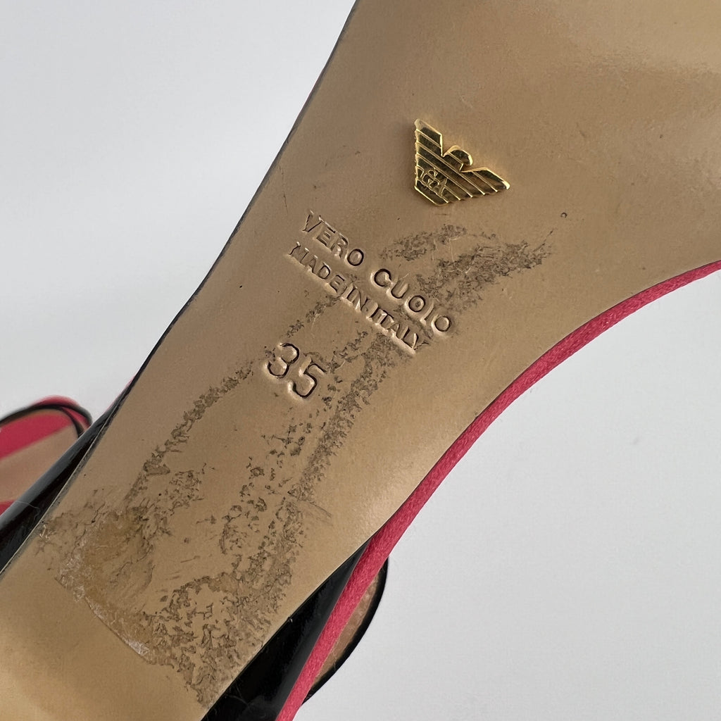 Armani | Black Pink Satin Flower Detail Strappy Sandal Heels (35)
