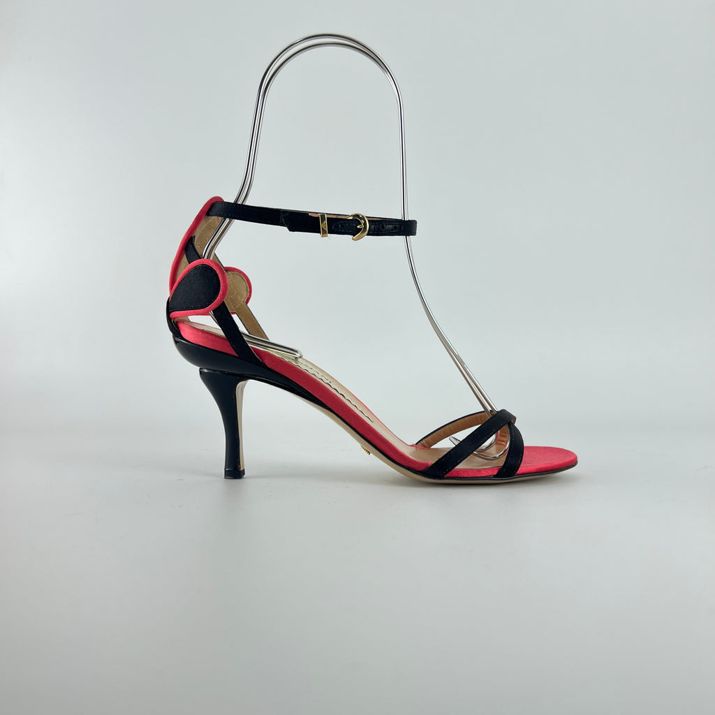 Armani | Black Pink Satin Flower Detail Strappy Sandal Heels (35)