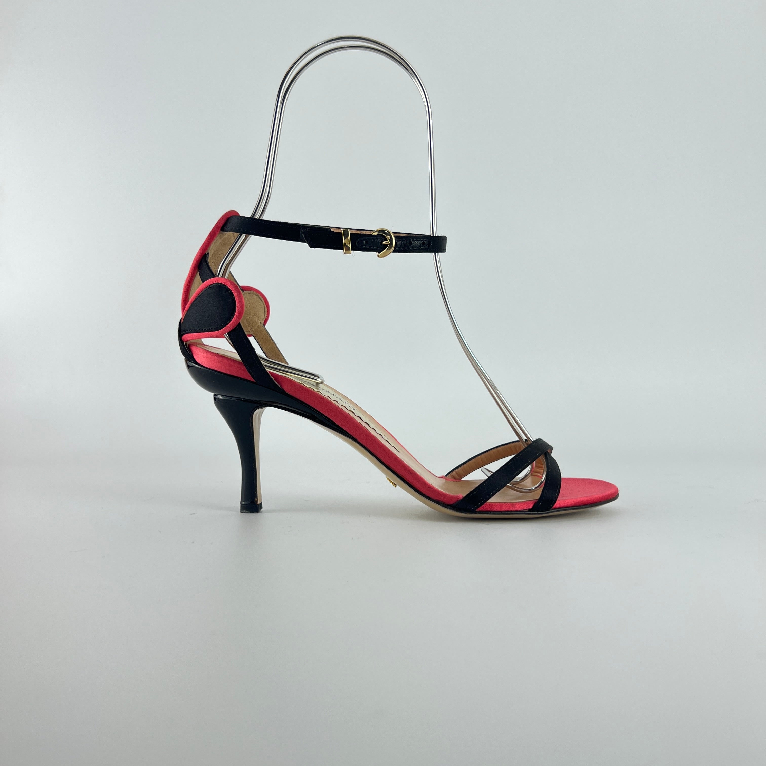Armani | Black Pink Satin Flower Detail Strappy Sandal Heels (35)