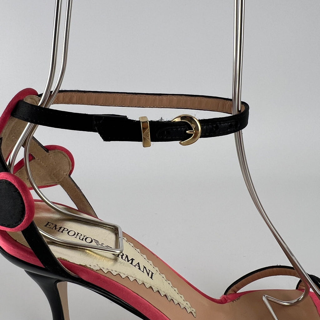 Armani | Black Pink Satin Flower Detail Strappy Sandal Heels (35)