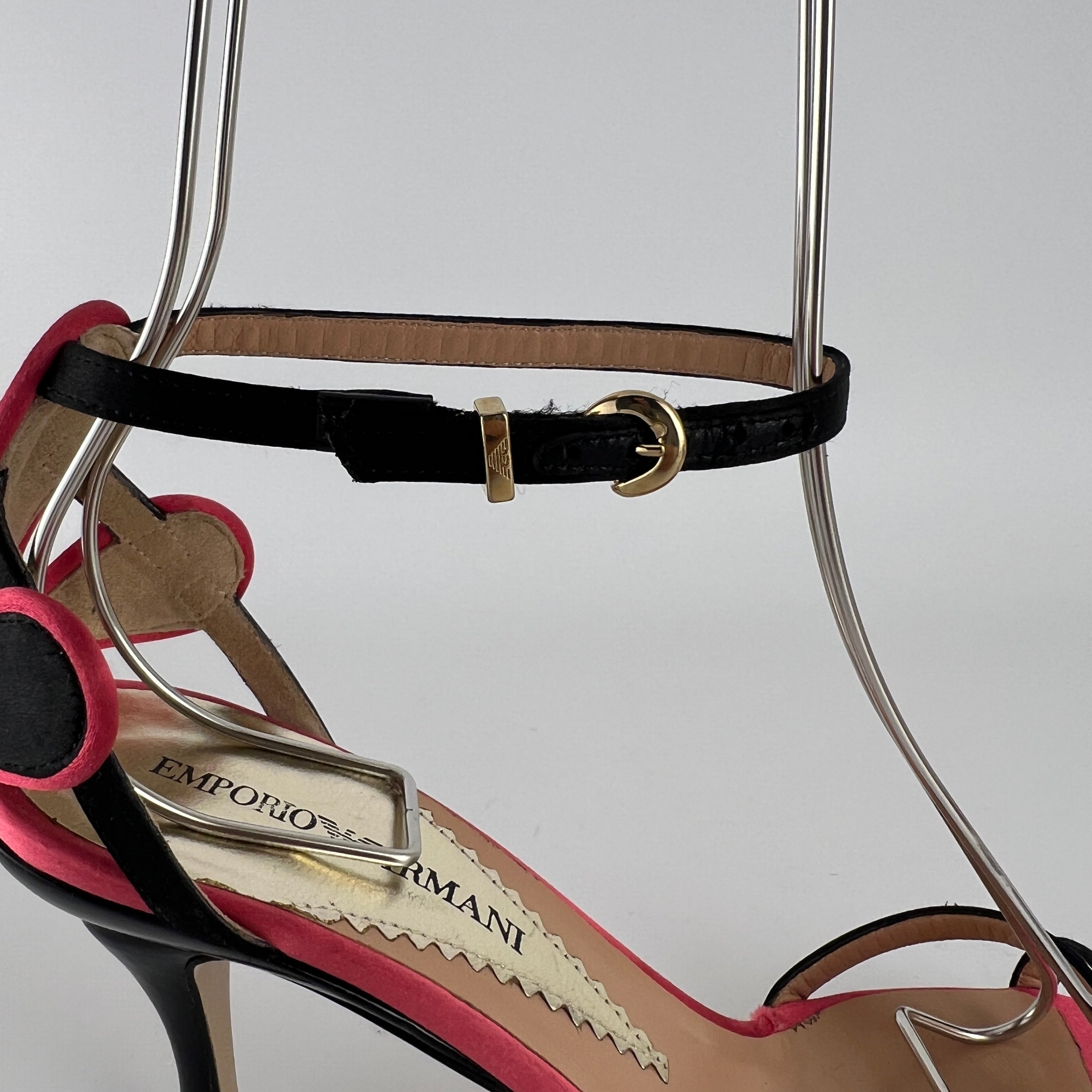 Armani | Black Pink Satin Flower Detail Strappy Sandal Heels (35)