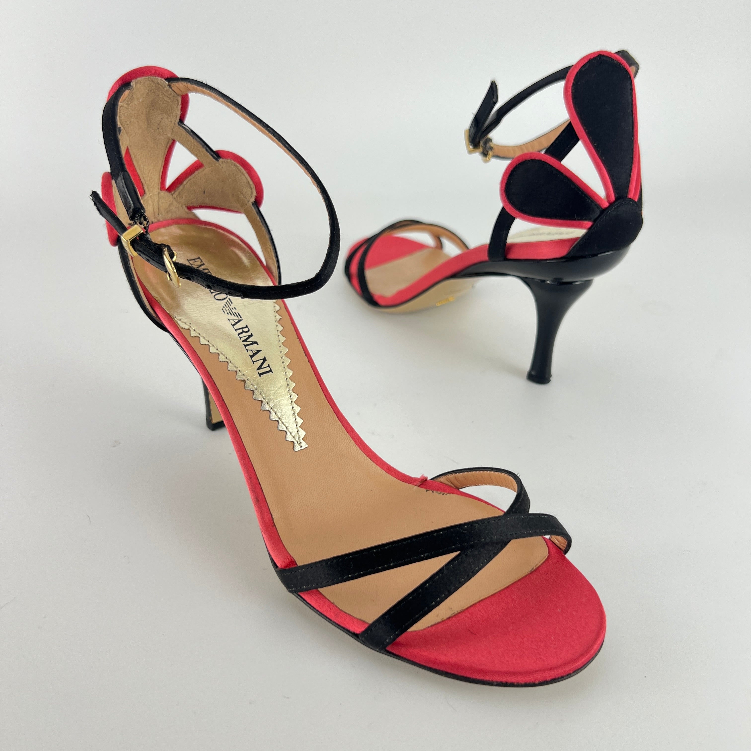 Armani | Black Pink Satin Flower Detail Strappy Sandal Heels (35)