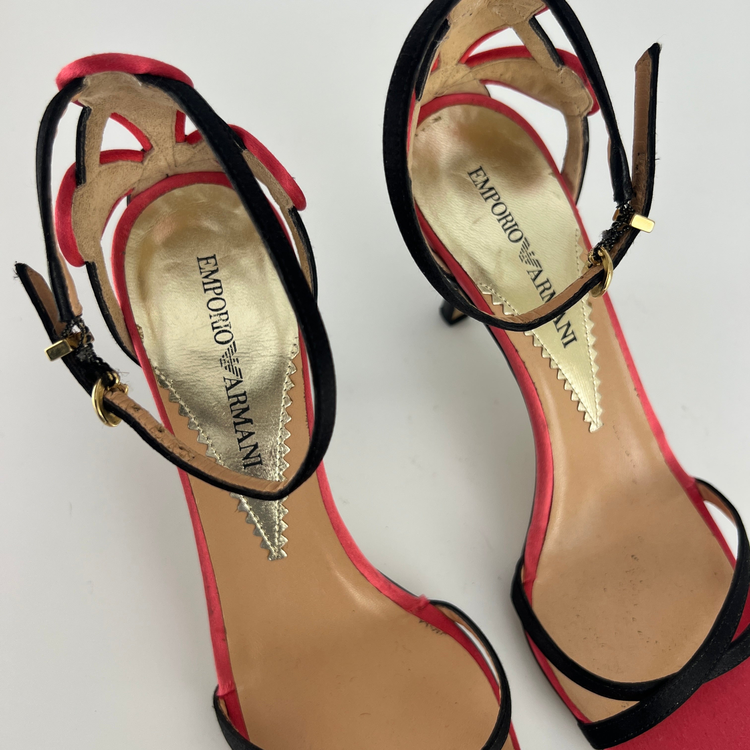 Armani | Black Pink Satin Flower Detail Strappy Sandal Heels (35)