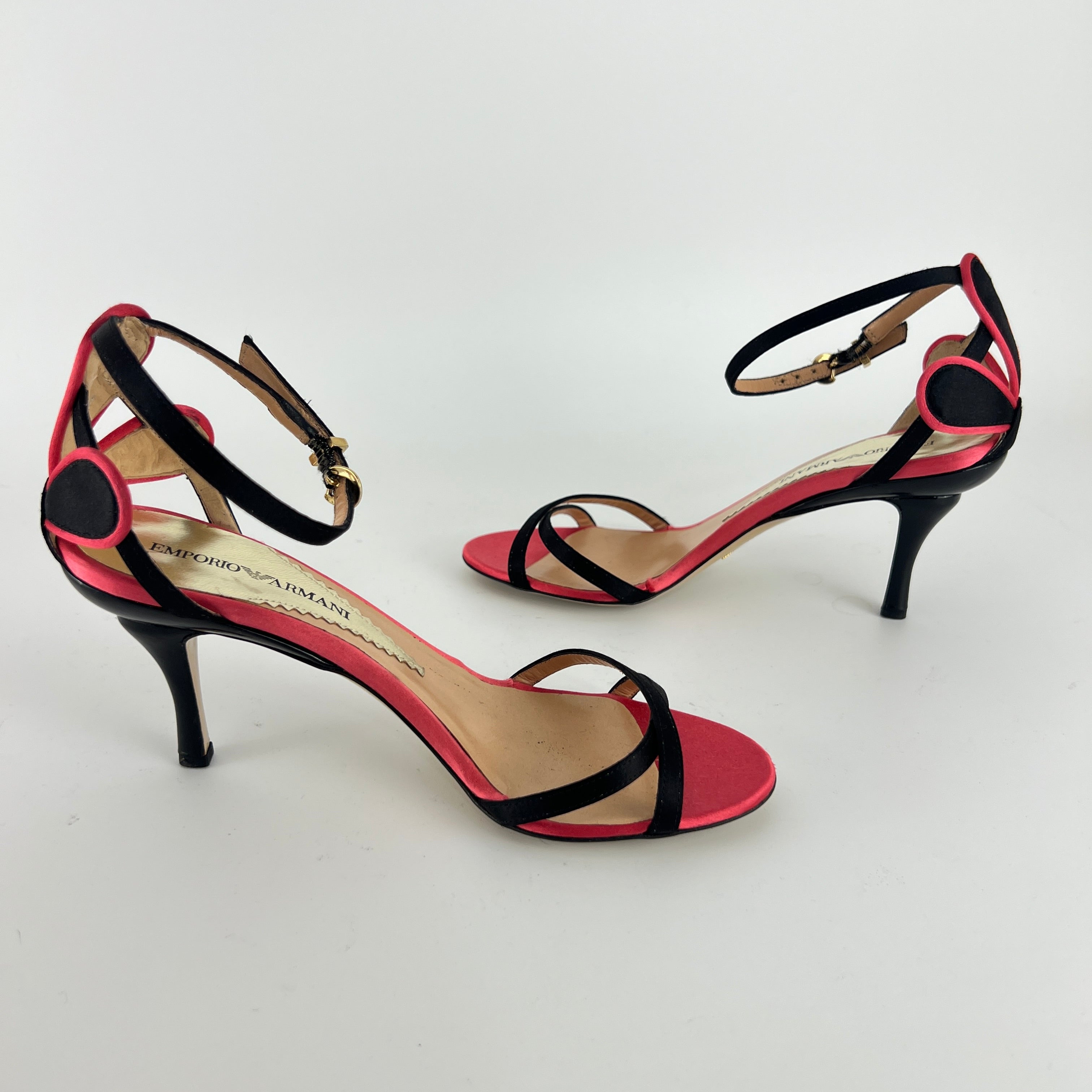 Armani | Black Pink Satin Flower Detail Strappy Sandal Heels (35)