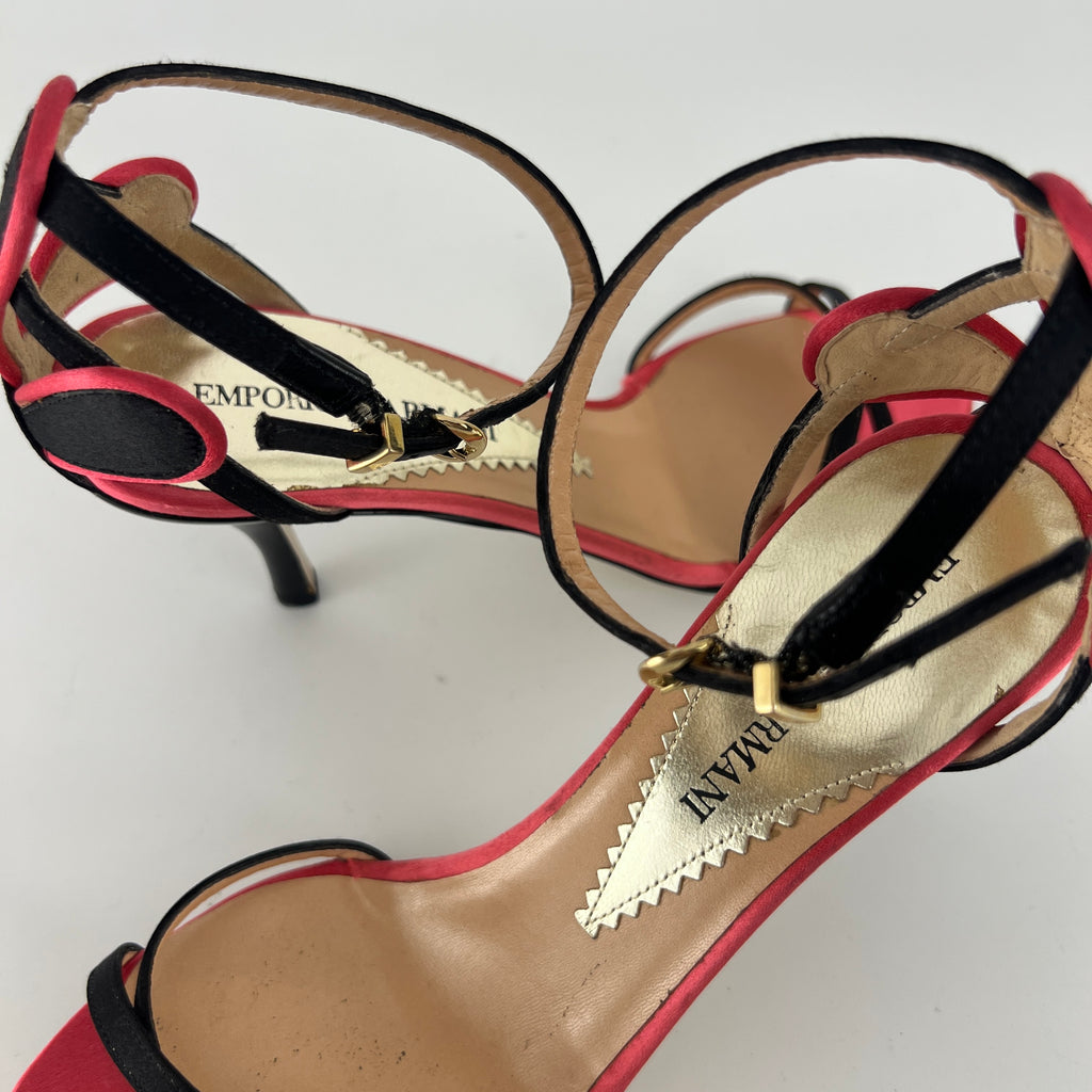 Armani | Black Pink Satin Flower Detail Strappy Sandal Heels (35)