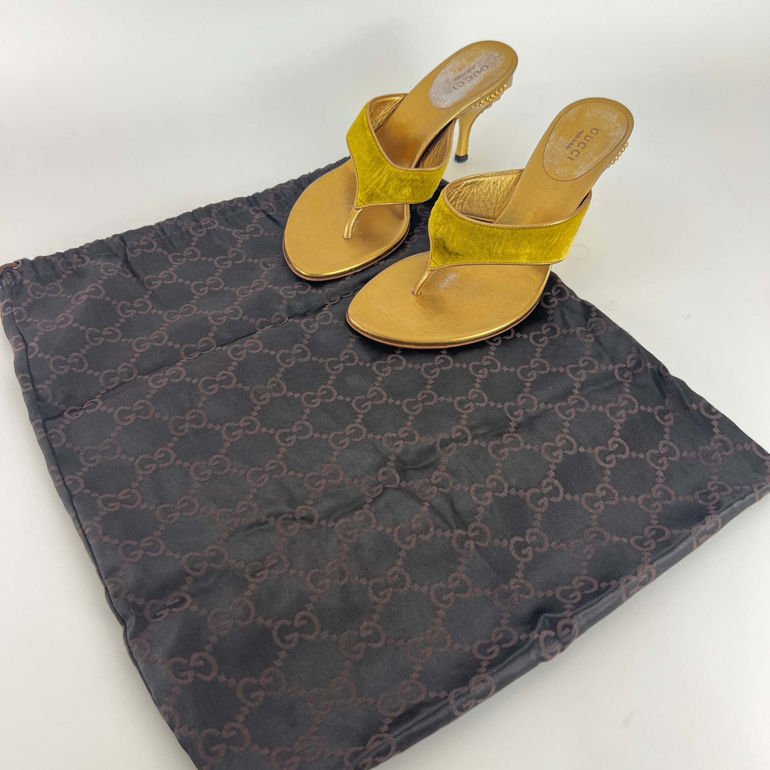 Gucci | Tom Ford Era Vintage Gold Velvet Studded Thong Heels (36C)