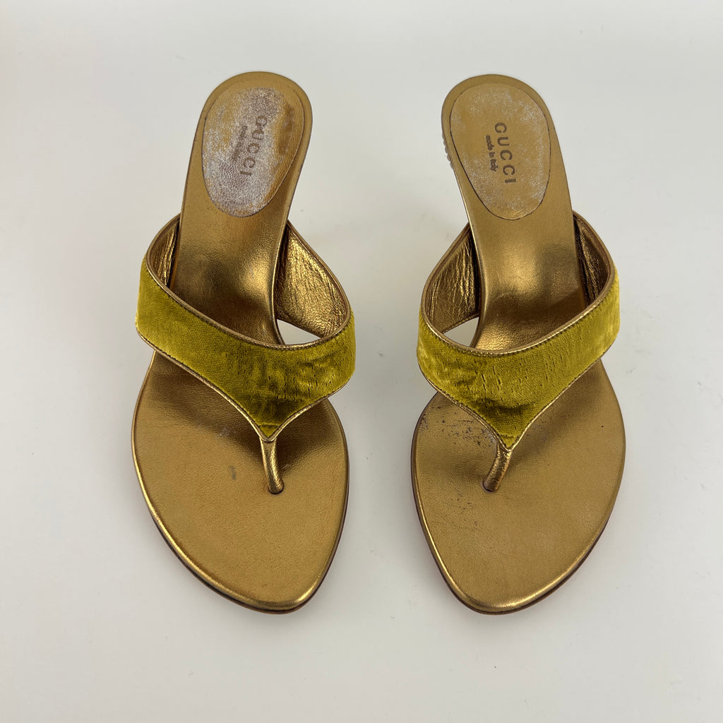 Gucci | Tom Ford Era Vintage Gold Velvet Studded Thong Heels (36C)