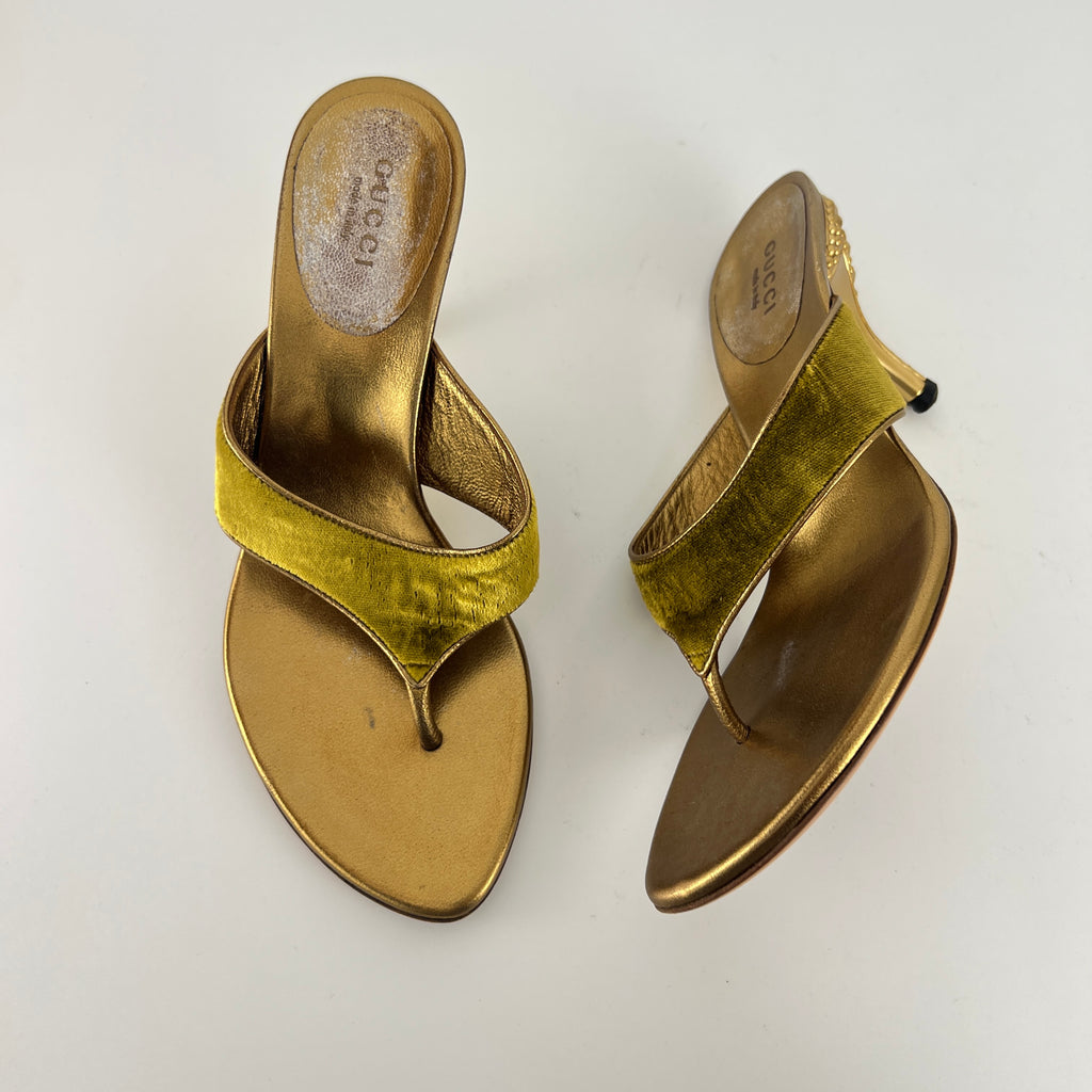 Gucci | Tom Ford Era Vintage Gold Velvet Studded Thong Heels (36C)