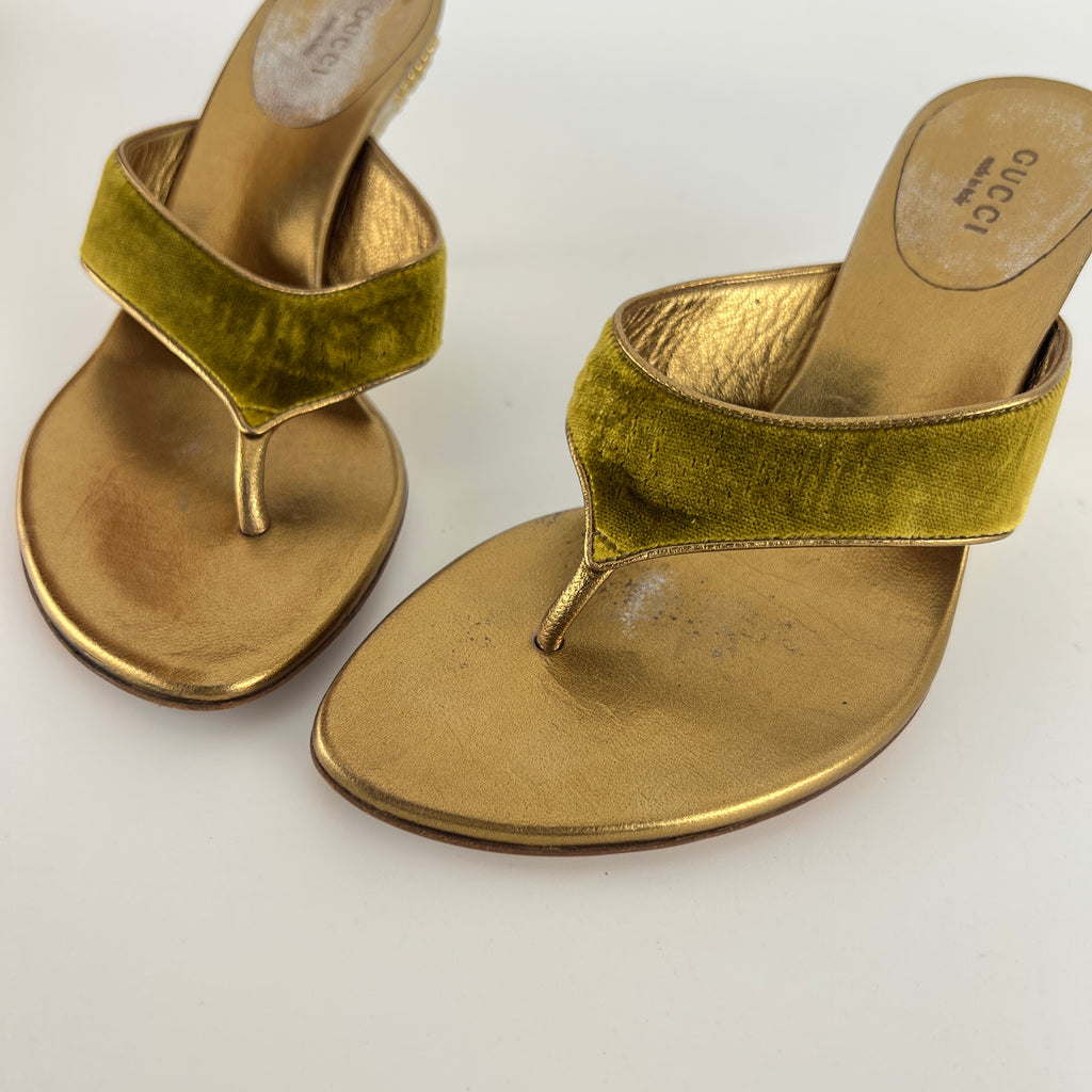 Gucci | Tom Ford Era Vintage Gold Velvet Studded Thong Heels (36C)