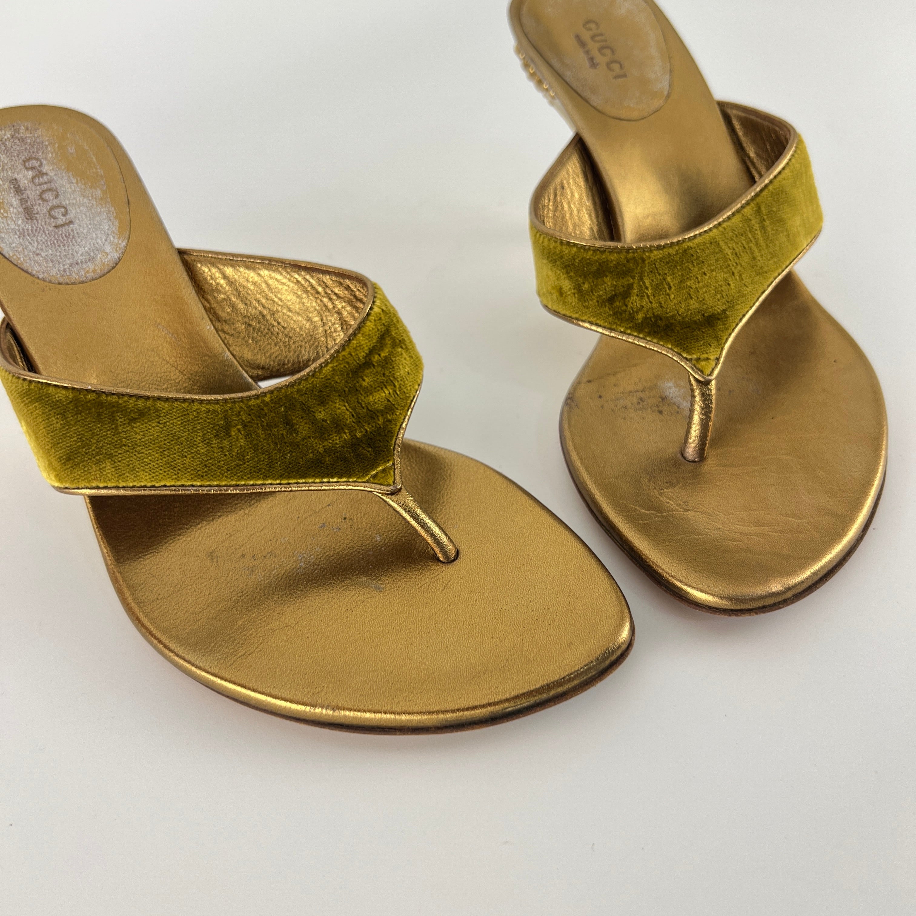 Gucci | Tom Ford Era Vintage Gold Velvet Studded Thong Heels (36C)