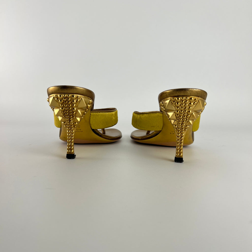 Gucci | Tom Ford Era Vintage Gold Velvet Studded Thong Heels (36C)