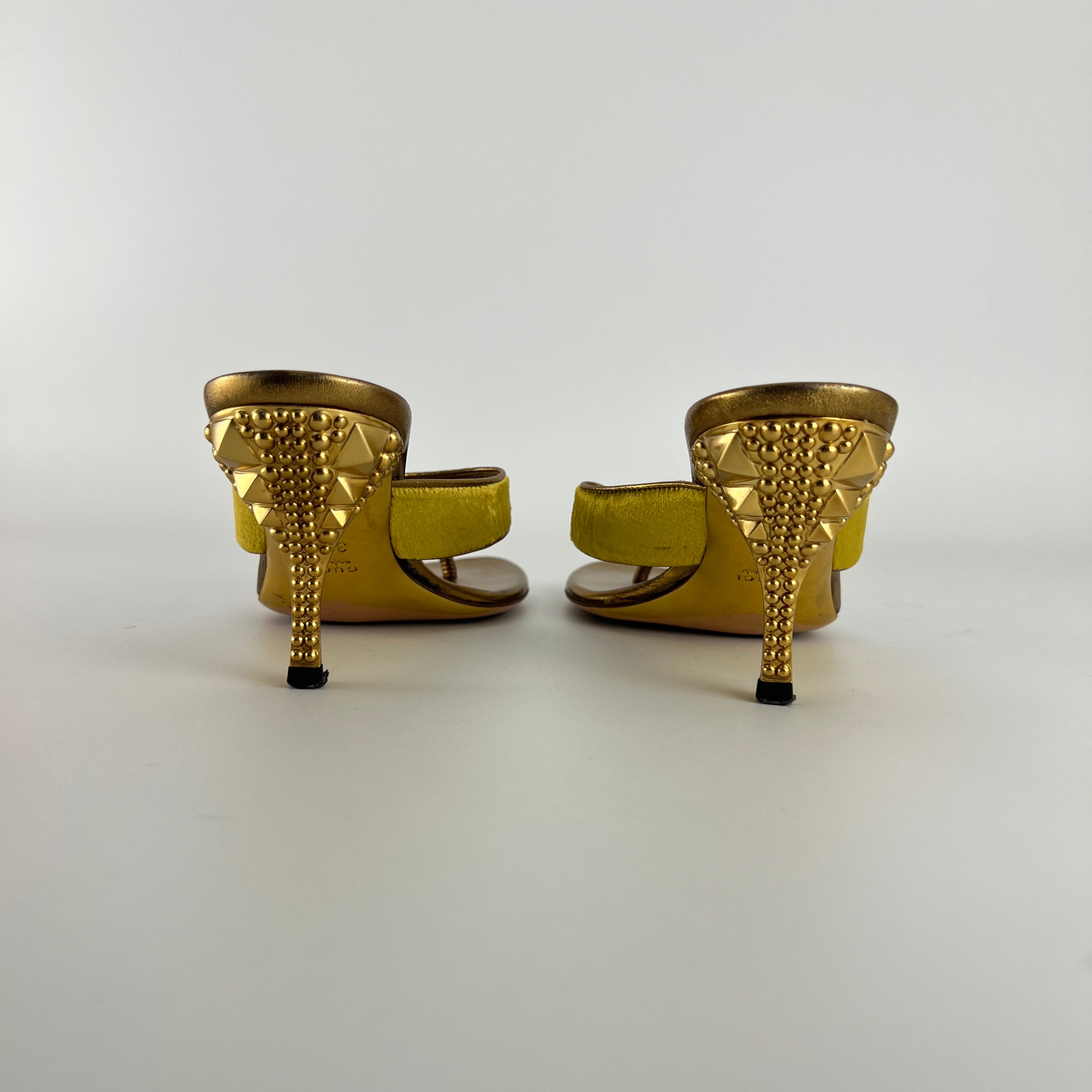 Gucci | Tom Ford Era Vintage Gold Velvet Studded Thong Heels (36C)