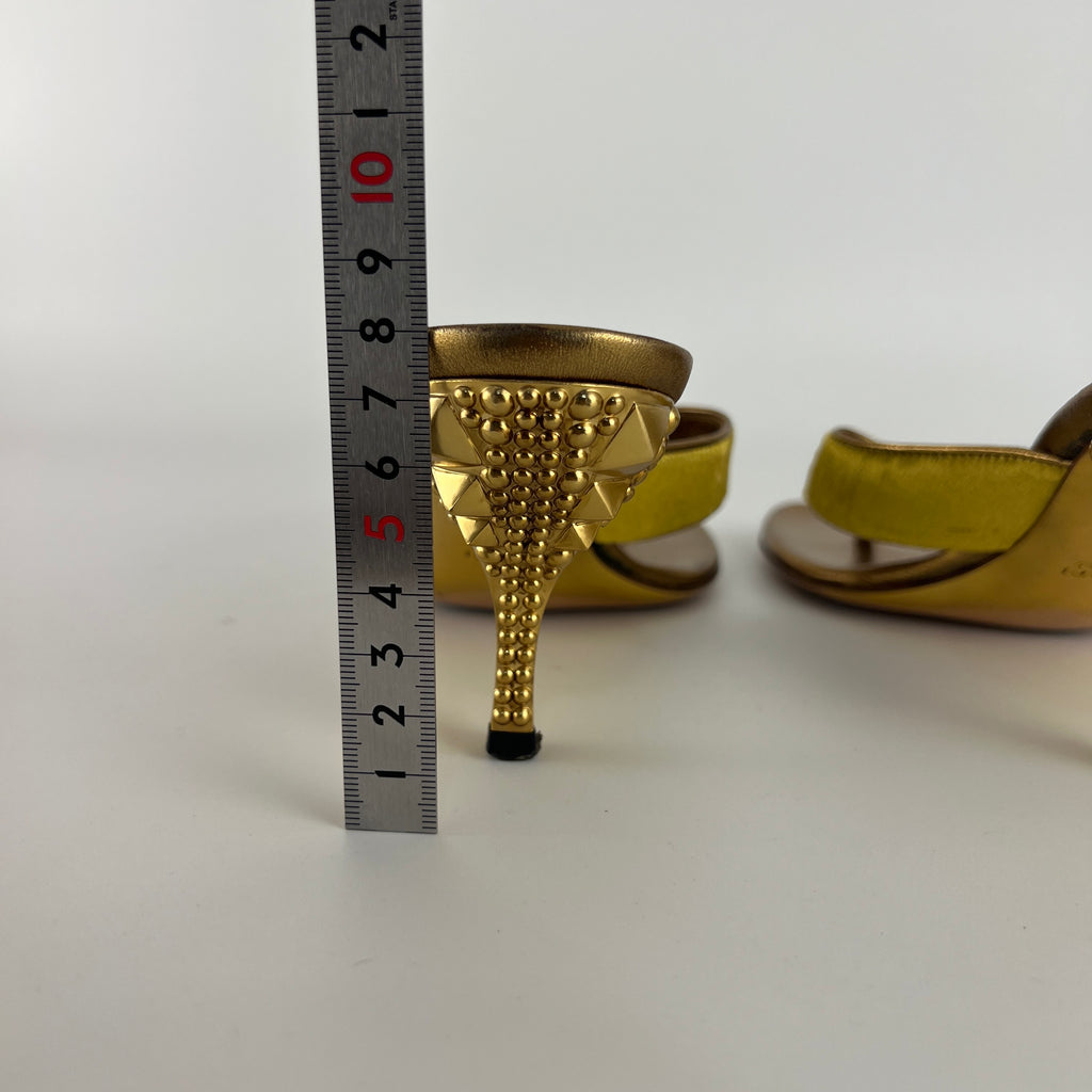 Gucci | Tom Ford Era Vintage Gold Velvet Studded Thong Heels (36C)