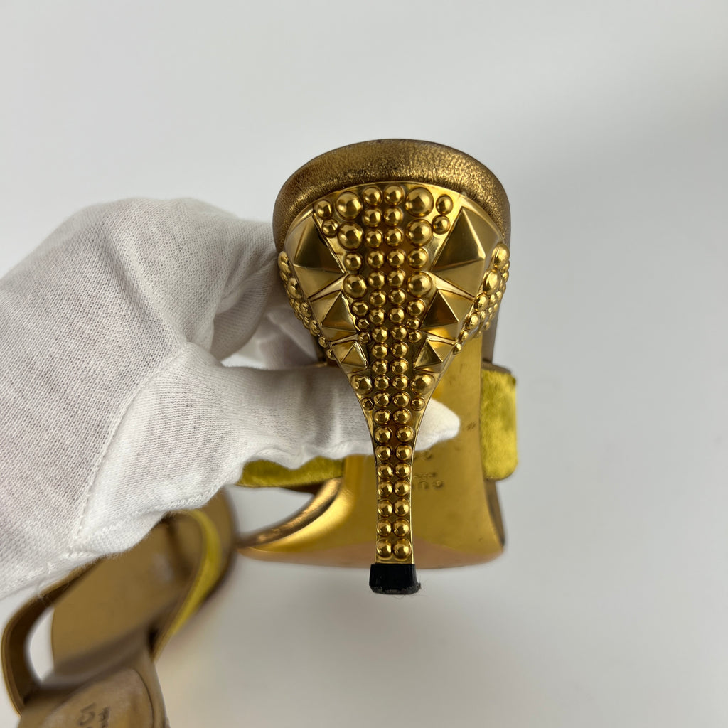 Gucci | Tom Ford Era Vintage Gold Velvet Studded Thong Heels (36C)