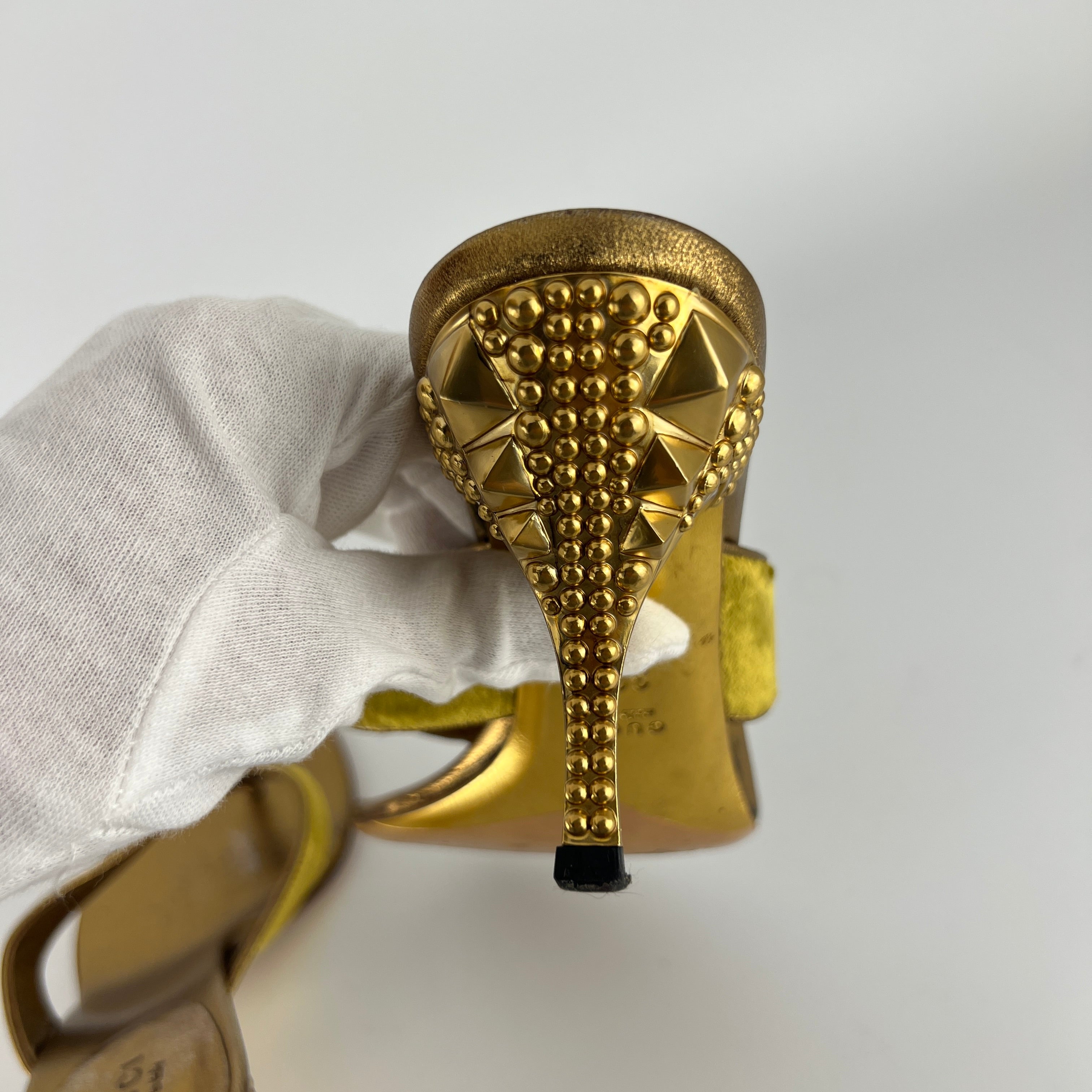 Gucci | Tom Ford Era Vintage Gold Velvet Studded Thong Heels (36C)