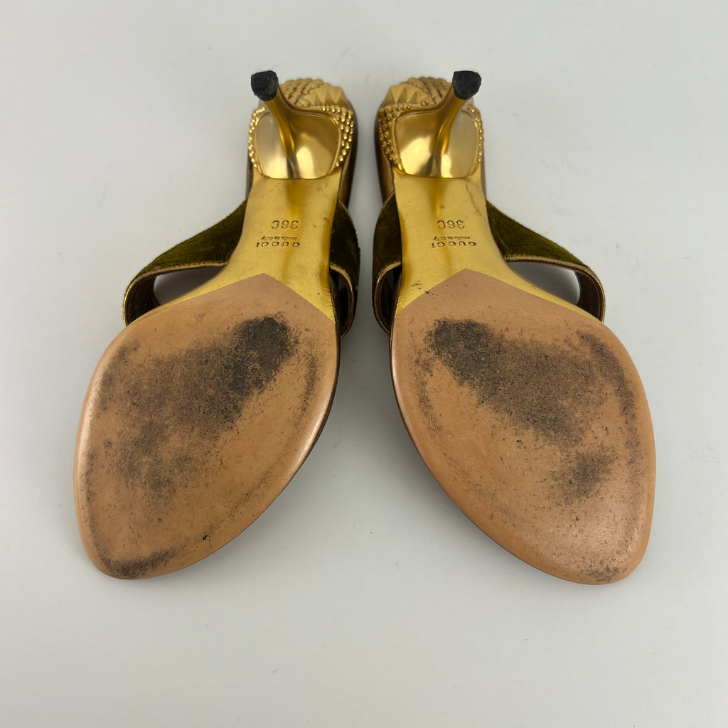 Gucci | Tom Ford Era Vintage Gold Velvet Studded Thong Heels (36C)