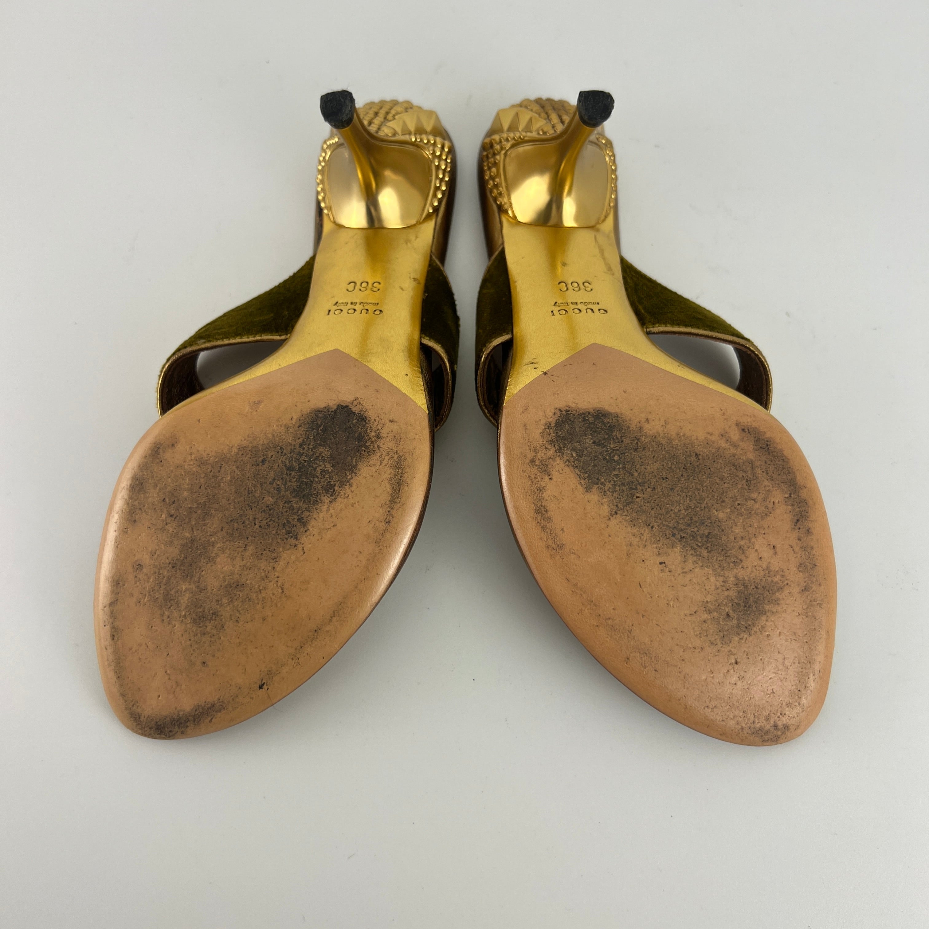 Gucci | Tom Ford Era Vintage Gold Velvet Studded Thong Heels (36C)