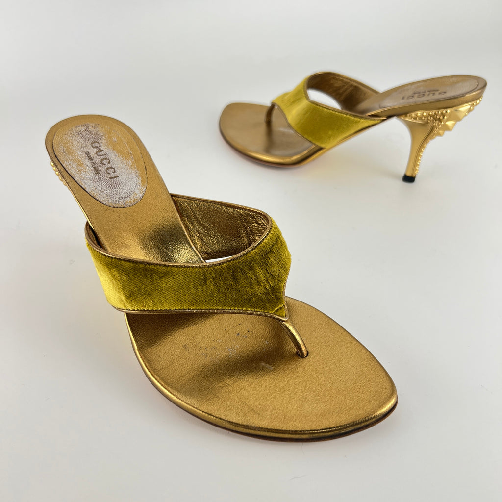Gucci | Tom Ford Era Vintage Gold Velvet Studded Thong Heels (36C)