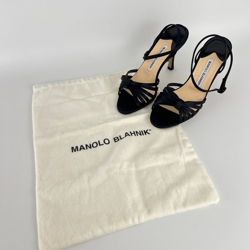 Manolo Blahnik | Black Satin Strappy Ankle Wrap Stiletto Sandal Heels (36)