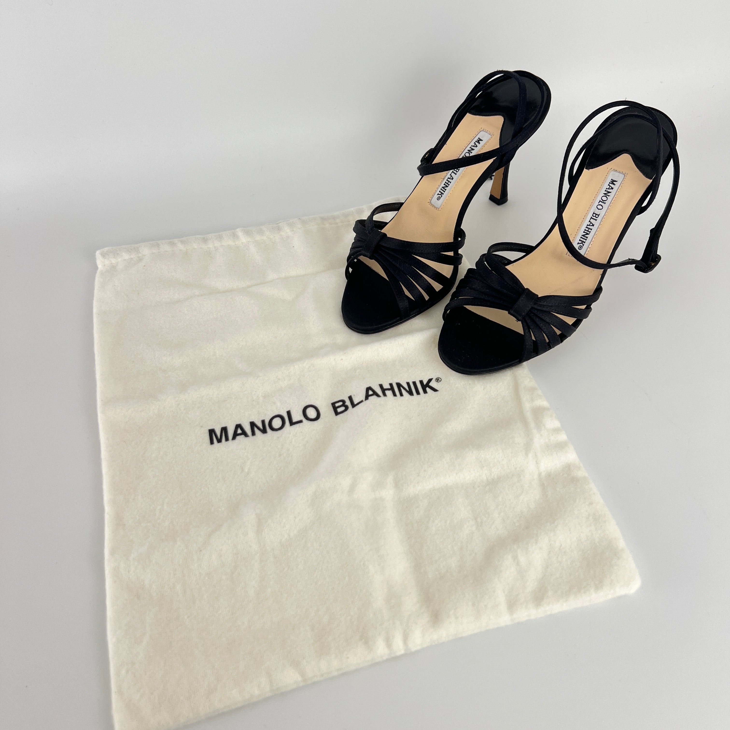 Manolo Blahnik | Black Satin Strappy Ankle Wrap Stiletto Sandal Heels (36)