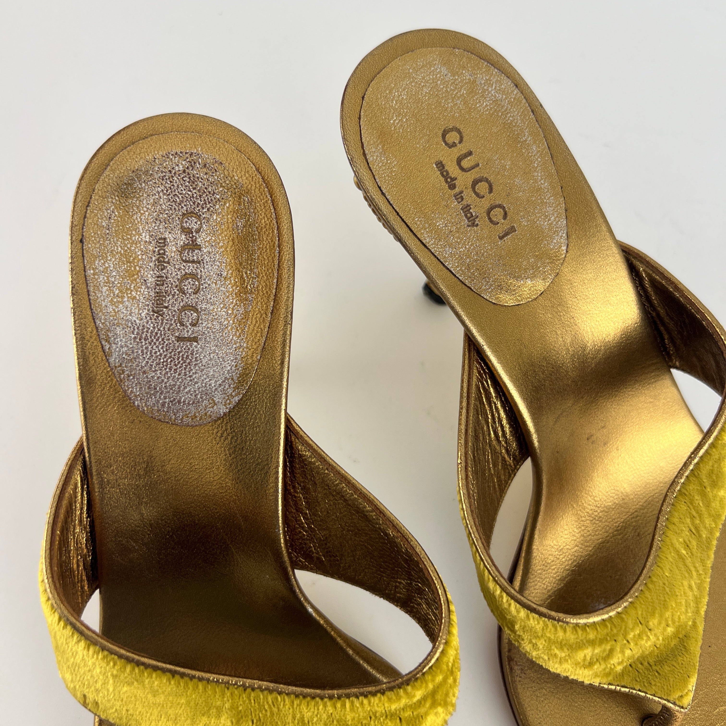 Gucci | Tom Ford Era Vintage Gold Velvet Studded Thong Heels (36C)