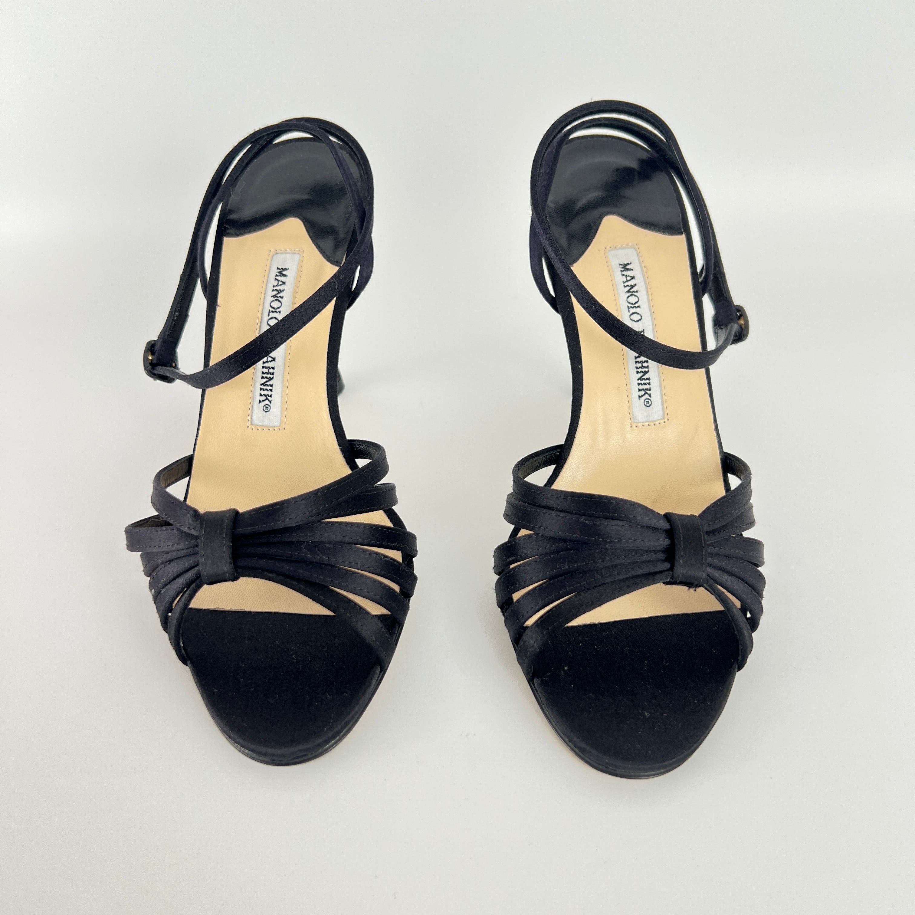 Manolo Blahnik | Black Satin Strappy Ankle Wrap Stiletto Sandal Heels (36)