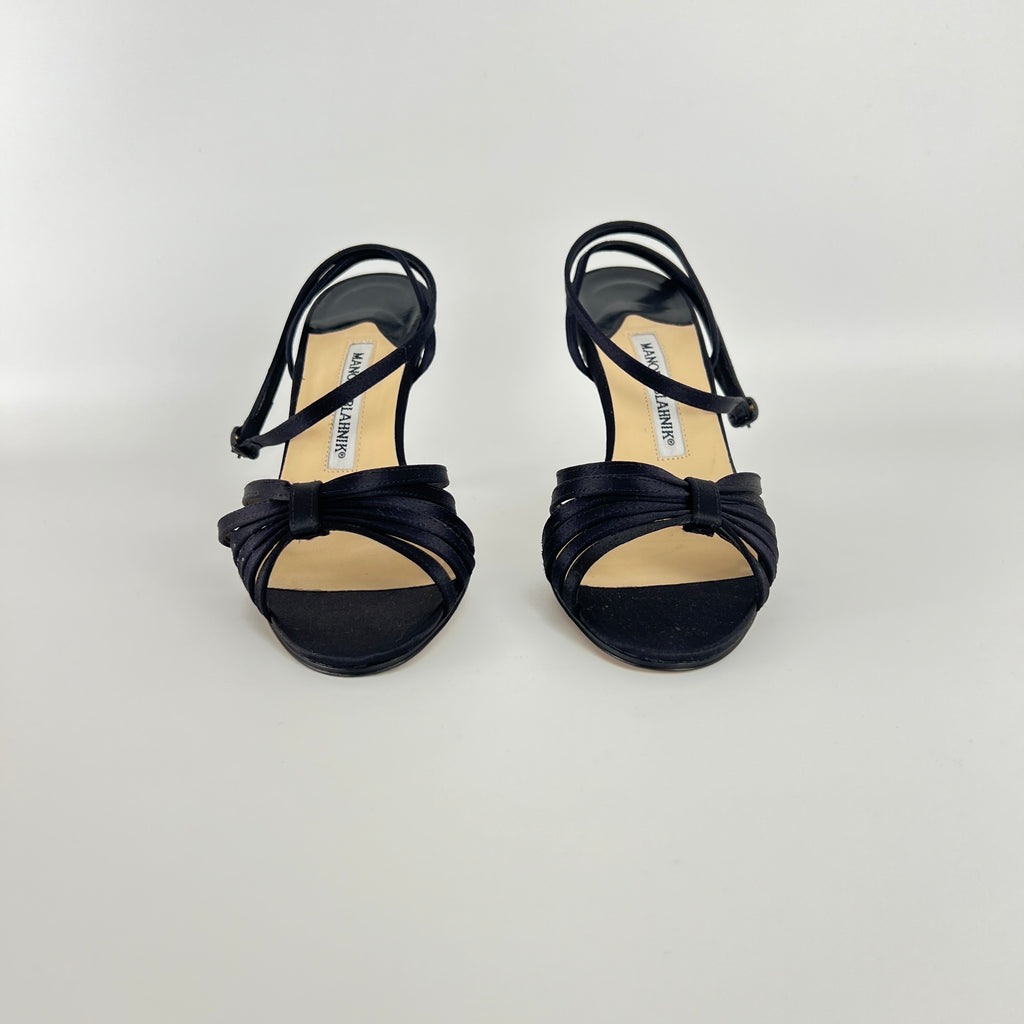 Manolo Blahnik | Black Satin Strappy Ankle Wrap Stiletto Sandal Heels (36)