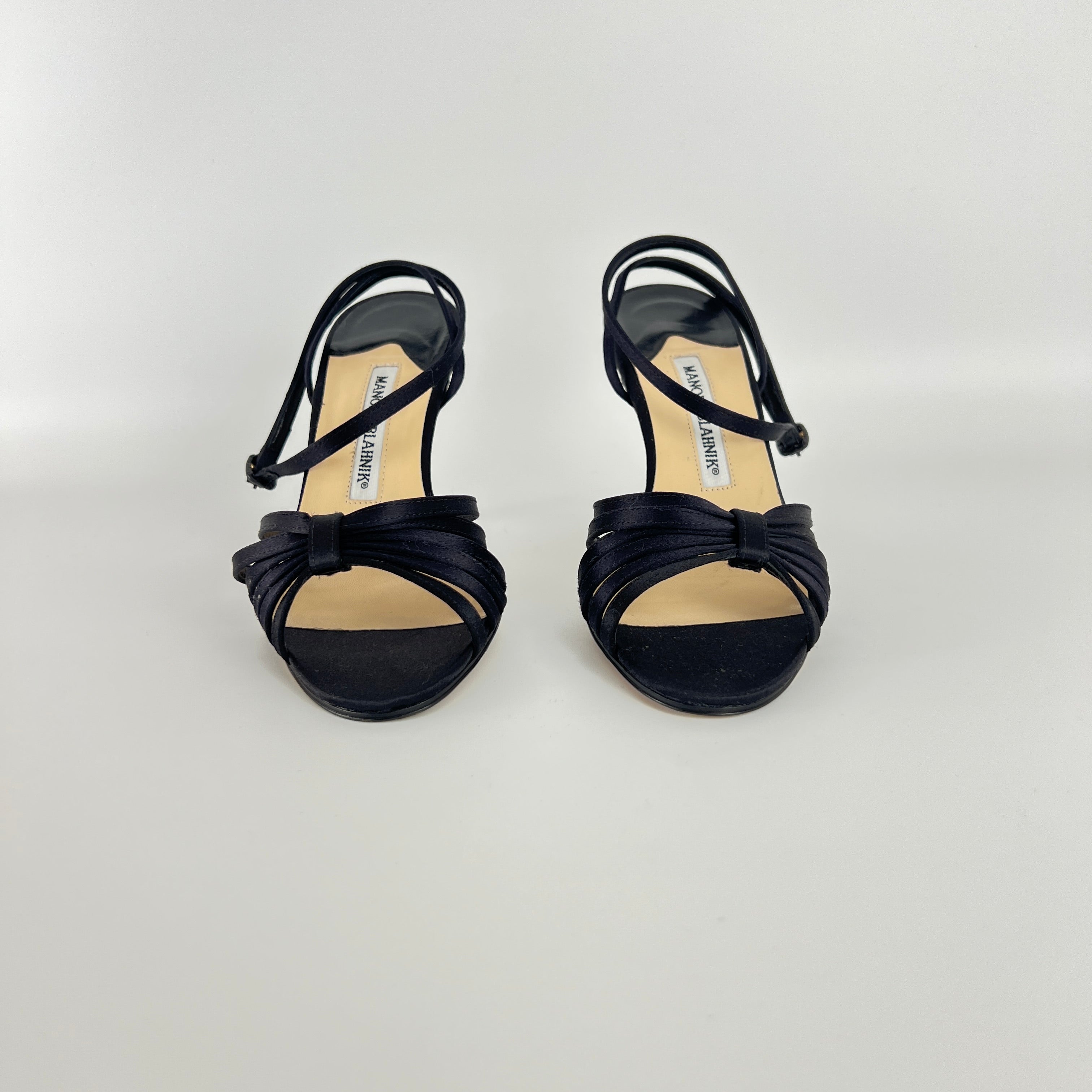 Manolo Blahnik | Black Satin Strappy Ankle Wrap Stiletto Sandal Heels (36)