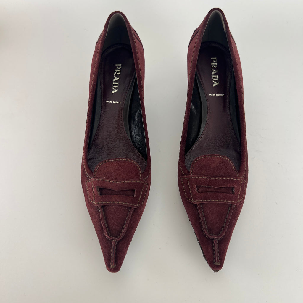 Prada | Burgundy Suede Leather Pointed Toe Kitten Heel Pump (39.5)